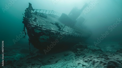 Close-up of a hauntingly beautiful sunken ship resting on the ocean floor  isolated background highlights eerie underwater scene