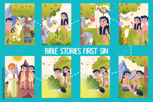 Set of images Bible stories first sin in flat cartoon design. This set of illustrations shows scenes from the biblical story of the first sin committed by Adam and Eve. Vector illustration.