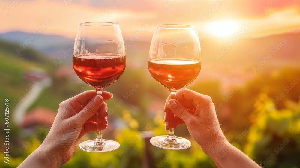   A few people hold wine glasses before a setting sun over a verdant expanse of green grass and trees
