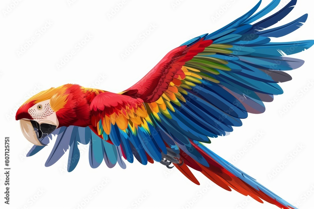 Fototapeta premium A tiny clipart of a colorful parrot in flight, futuristic simple detail clipart isolated white background