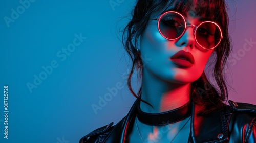   A woman dons red glasses, a leather jacket, and two chokers photo