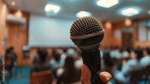 Close-up of a hand gripping a microphone, intentional speaking pose, with a softly blurred background of a classroom full of attendees photo