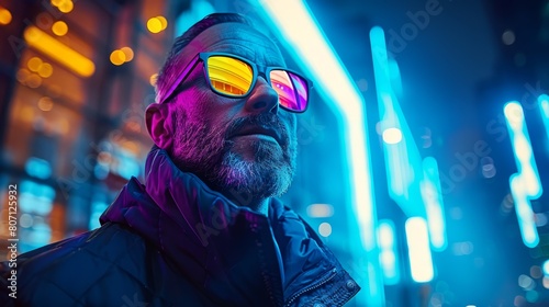   A man in black jacket  yellow-red sunglasses gazes into nighttime city
