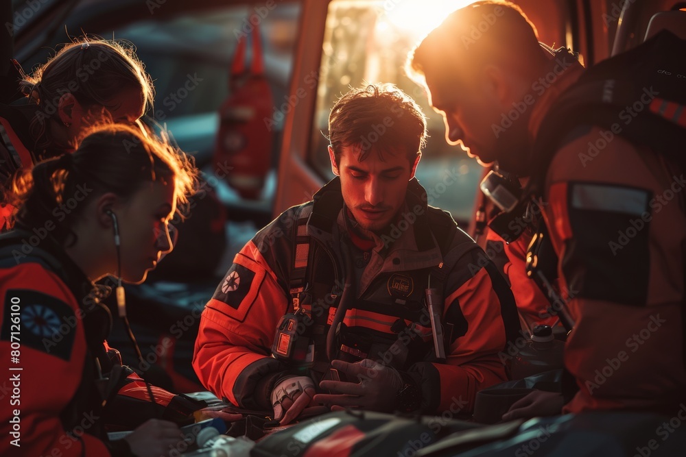 Medical team in bright orange gear gathers inside vehicle, intensely discussing strategy over map in dim light, poised for swift action, epitomizing focused collaboration at sunset.
