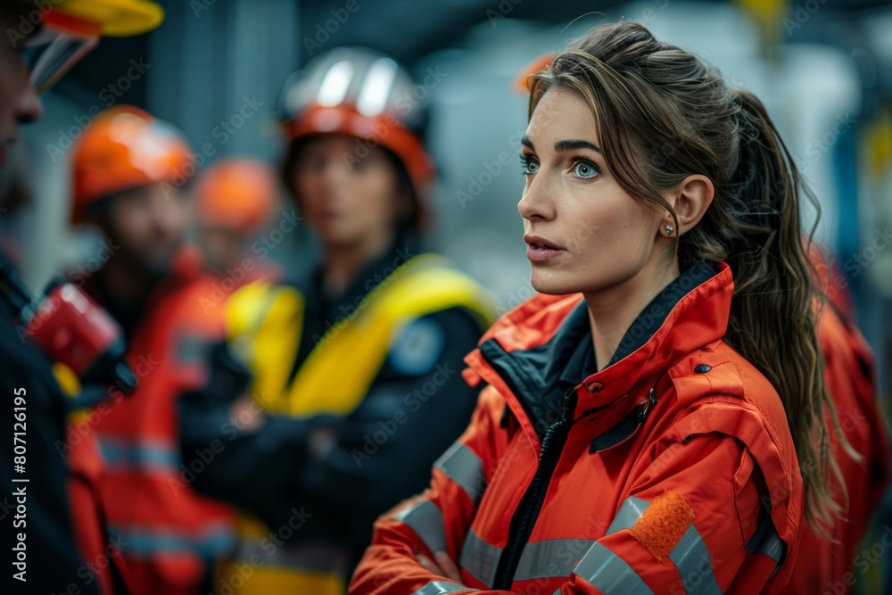Young female emergency responder, intent expression, stands with team in orange high-visibility jackets. Leadership and readiness apparent, gearing up for critical response. Young female emergency responder, intent expression, stands with team in orange high-visibility jackets. Leadership and readiness apparent, gearing up for critical response.