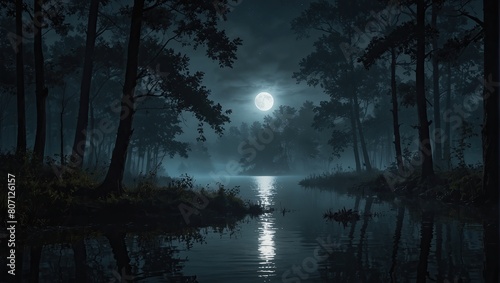 Sure, here is a description for an image combining moon and trees at night:  Dark night landscape with a full moon glowing through the trees © Phongphan