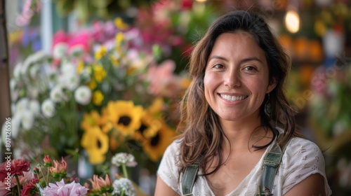 the Hispanic female small business owner's smile reflects the pride she takes in her craft. Stand in front of the florist shop.