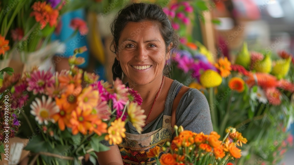 the Hispanic female small business owner's smile reflects the pride she takes in her craft. Stand in front of the florist shop.