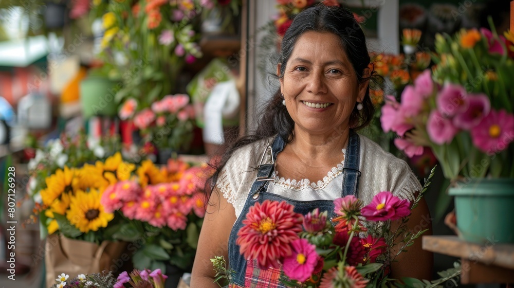 the Hispanic female small business owner's smile reflects the pride she takes in her craft. Stand in front of the florist shop. the Hispanic female small business owner's smile reflects the pride she takes in her craft. Stand in front of the florist shop.