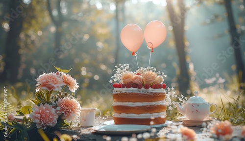 A birthday cake with balloons and gifts on a table in a forest  a tea set  and flowers. A happy family is having an outdoor picnic to celebrate their child s first year of life Joyful Family Picnic 