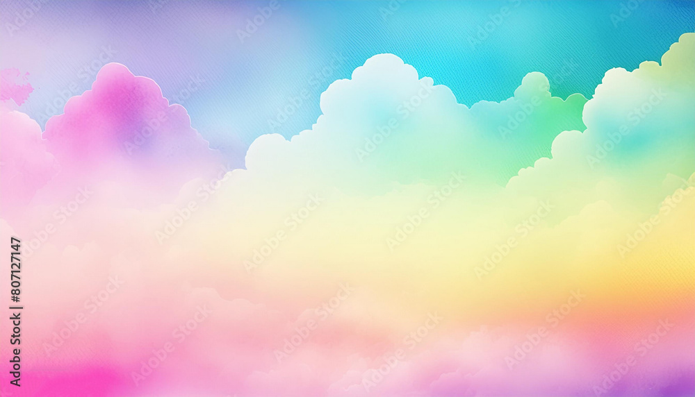 Colorful pastel background. Abstract watercolor sunset sky with fluffy clouds in bright pink, green, blue, yellow and purple rainbow colors. Wide banner with space for copy text. AI generated