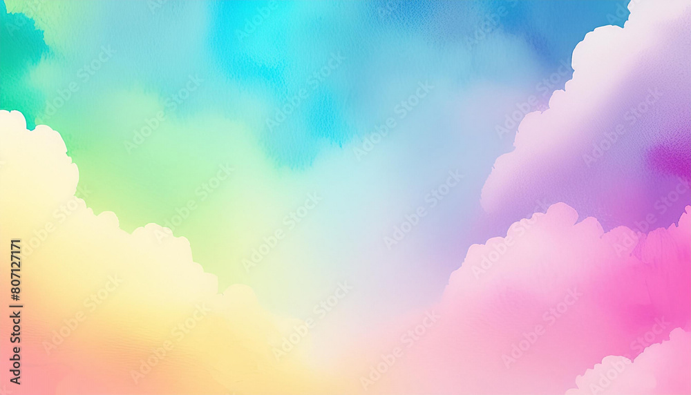 Colorful pastel background. Abstract watercolor sunset sky with fluffy clouds in bright pink, green, blue, yellow and purple rainbow colors. Wide banner with space for copy text. AI generated