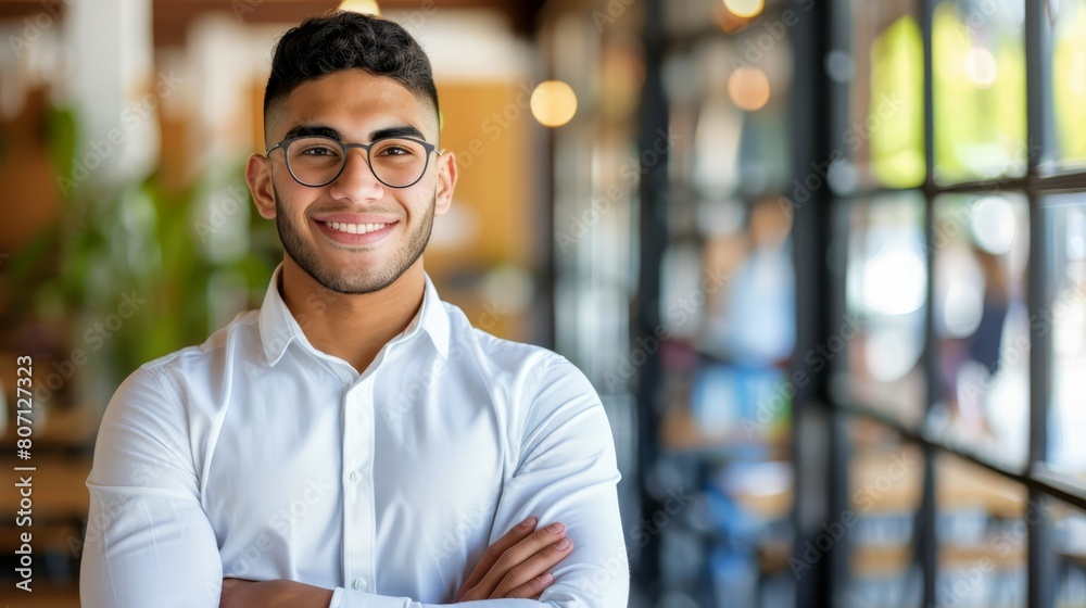 Obraz premium A man, wearing glasses and a white shirt, stands before a window with crossed arms and a smile