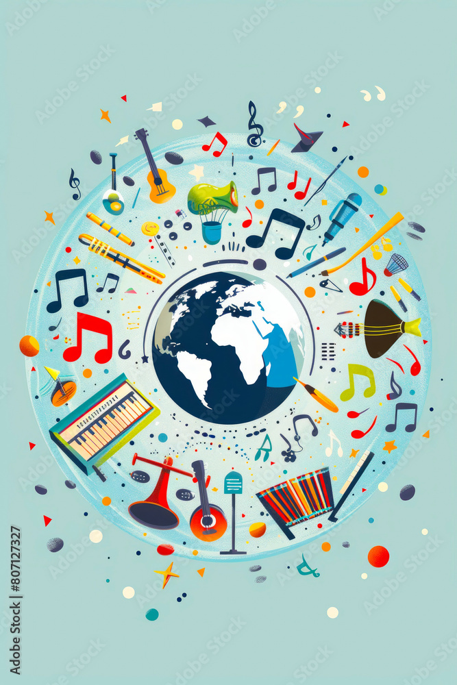 Colorful musical instruments and musical notes surround and orbit the planet Earth on a blue background. Concept June 21, European Music Day or Music Festival. Illustration. Colorful musical instruments and musical notes surround and orbit the planet Earth on a blue background. Concept June 21, European Music Day or Music Festival. Illustration.