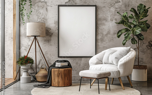 Modern interior with large white sofa and blank picture frames.