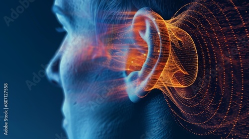 Anatomy of the human ear and the speaker of sound. Hearing loss caused by loud sounds. photo