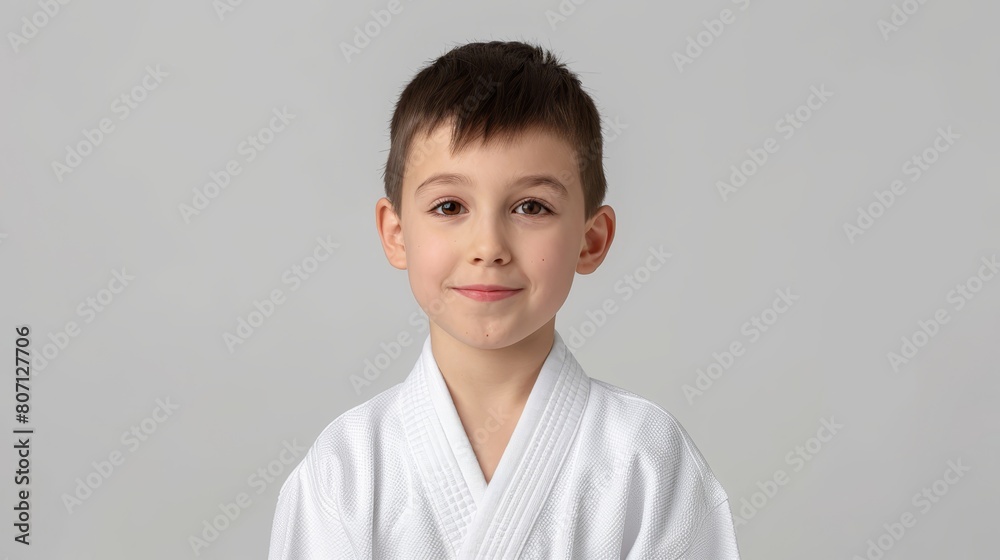   A young boy, dressed in a white kimono, grins at the camera He accessorizes his outfit with a black belt Amidst a neutral backdrop, he confident