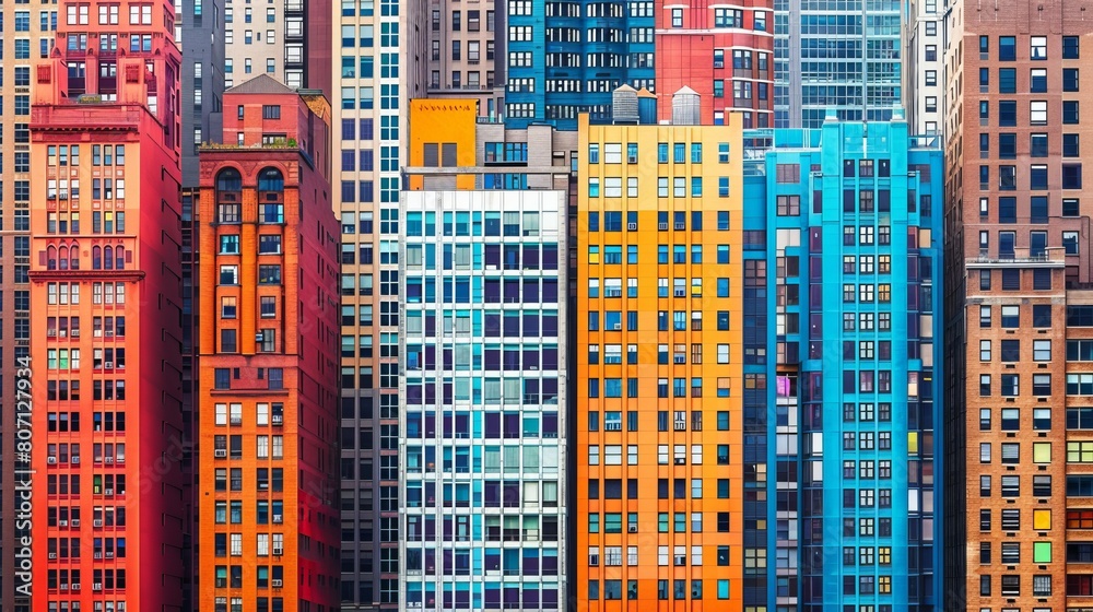 Obraz premium Artistic close-up view of multicolored skyscrapers, each building telling a story with its vibrant facade, city's heart