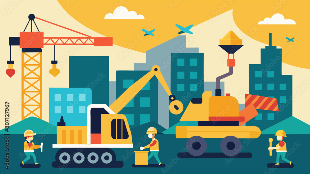 The buzz of activity on the construction site intensifies as heavy machinery works in perfect harmony towards a common goal.. Vector illustration The buzz of activity on the construction site intensifies as heavy machinery works in perfect harmony towards a common goal.. Vector illustration