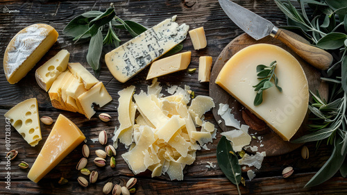Various types of cheese with herbs and pistachios on wooden background