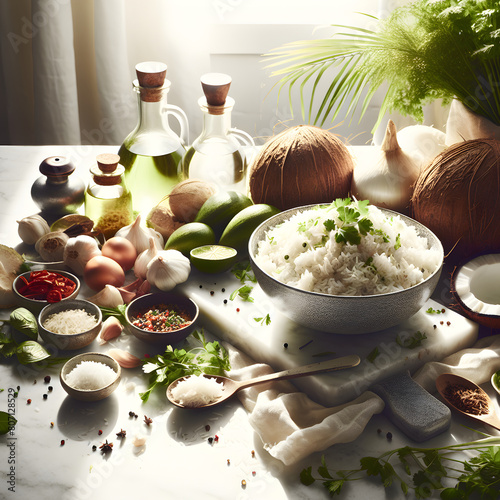 Nauruan Coconut Rice with Fresh Herbs on Marble Counter photo
