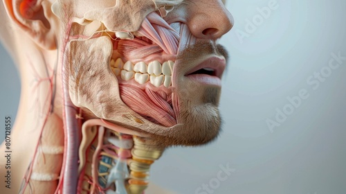 A portrait of a man showing the anatomy of his mouth, throat, and nose. photo