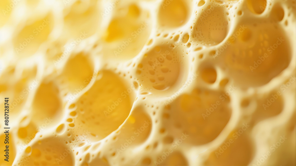 Close-up of a yellow sponge with bubbles. Abstract background.