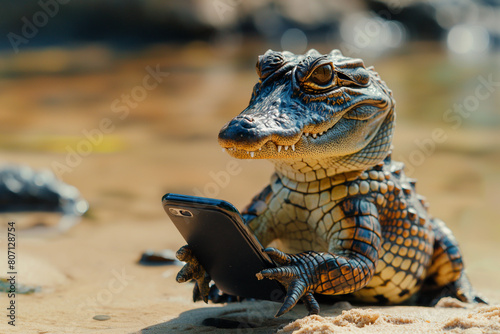 Meme with little alligator uses a waterproof smartphone at the river  surrounded by river. The image conveys a whimsical  surreal atmosphere  ideal for articles on unusual tech scenarios