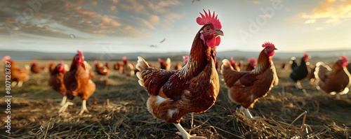 Chickens Roaming Free Range, Happy chickens pecking at the ground in a spacious open field photo