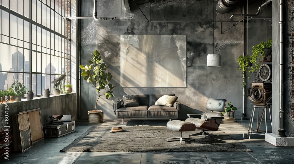 Presenting mock-up posters, frames, and canvas within a vintage hipster loft interior background. Rendered in 3D. Presenting mock-up posters, frames, and canvas within a vintage hipster loft interior background. Rendered in 3D.
