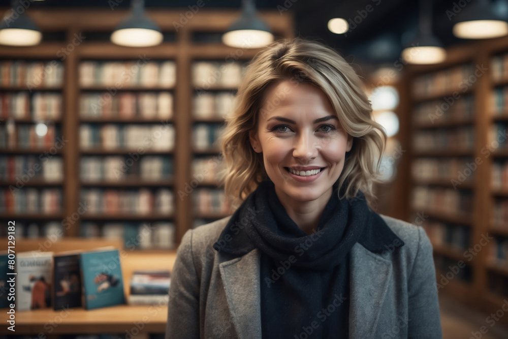 Friendly Blonde Woman with a Radiant Smile Standing in a Library Wearing a Chic Scarf and Coat Friendly Blonde Woman with a Radiant Smile Standing in a Library Wearing a Chic Scarf and Coat