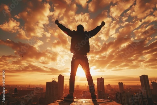 Silhouette of a man with raised hands standing on top of a building at sunset