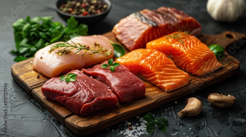 close up Raw food healthy foods selection for Carnivore diet Salmon fish Steak, Chicken meat, Chicken liver, Beef meat Steak on dark background healthy food
