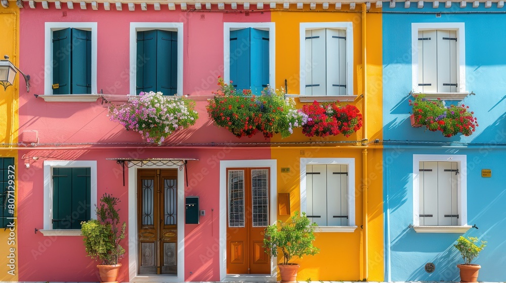Colorful European house facades, bright pastel colors in Europe, Generative AI