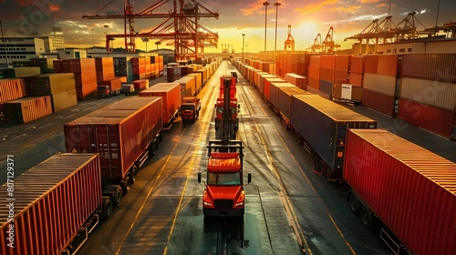 Container Freight Logistics at Sunset in Industrial Distribution Center