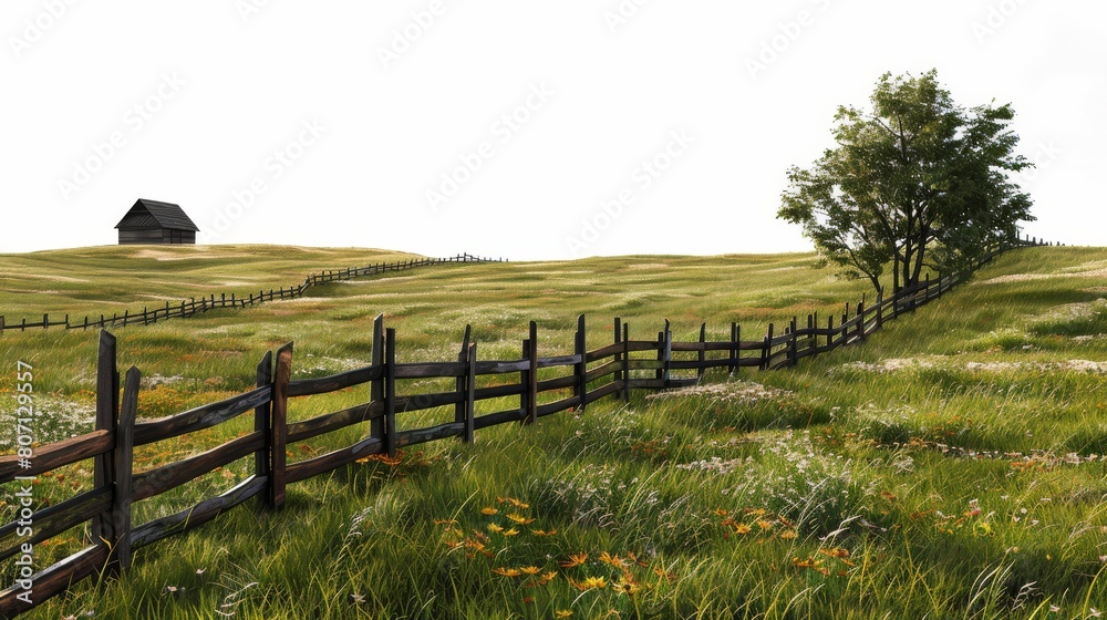 A fence runs through a field of grass with a house in the background