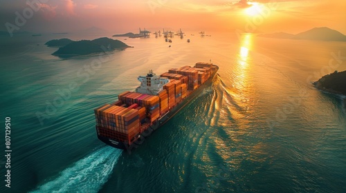 Container ship at industrial port in import export business logistic and transportation, Aerial view container loading cargo freight ship, Container ship loading and unloading in deep sea port. photo