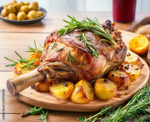 Roasted pork shank with rosemary and potatoes