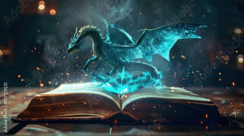 Opened Magic book with magical dragon on page photo