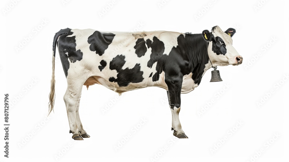 Side view illustration of a black and white cow with a bell, isolated against a white background. Side view illustration of a black and white cow with a bell, isolated against a white background.