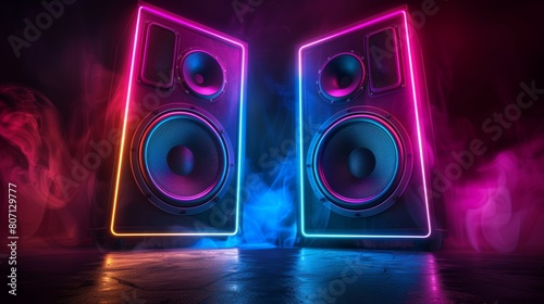 There is a space between the two speakers on a black background with neon lights.