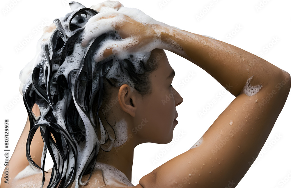 Naklejka premium A female shampooing hair in the shower on a transparent background