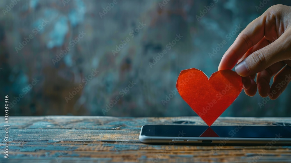 Fototapeta premium This creative collage represents dating, likes, and donations. It shows a human hand putting a heart on top of a smartphone.