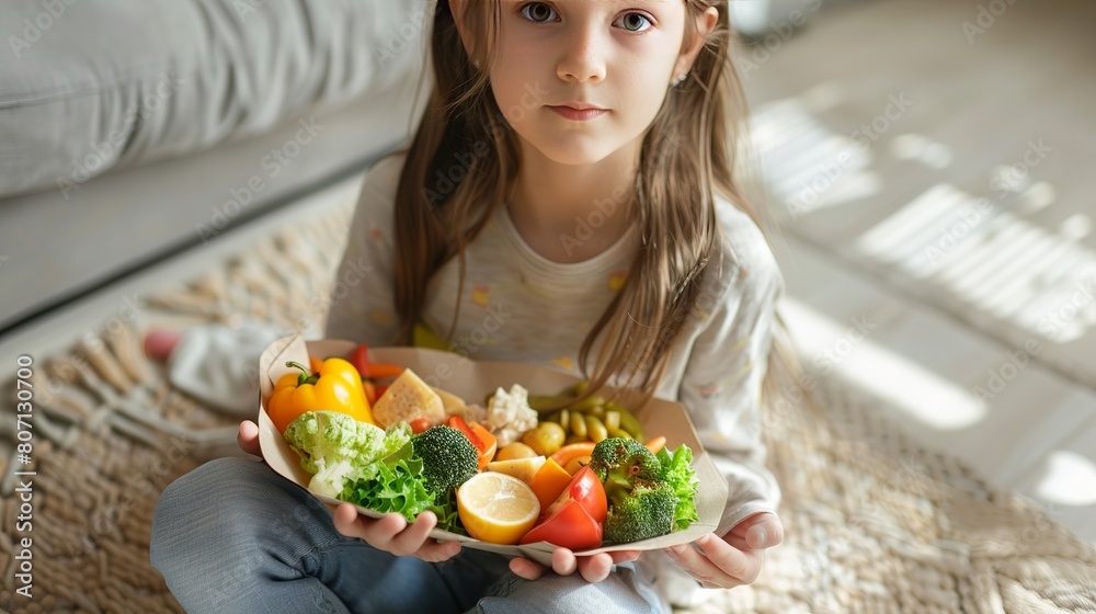 A girl sits on the floor holding a paper plate with healthy food. The food was delivered to her home. This shows the concept of eating healthy while staying at home.