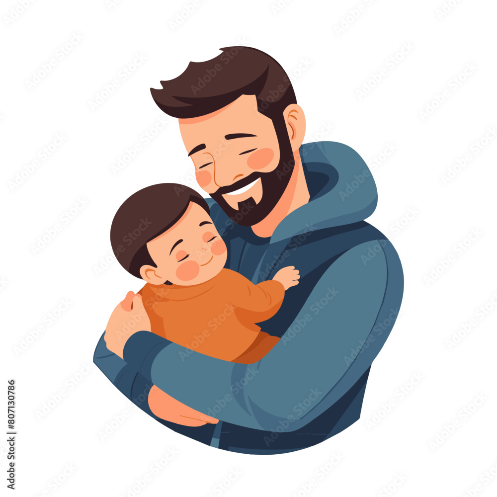 Father hugs her baby boy. Care and love of parent for his son. Happy family hug with love. Cartoon ilustration