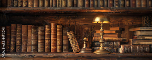 A closeup image of an antique wooden bookshelf filled with classic leatherbound books, with a vintage brass lamp illuminating the titles photo