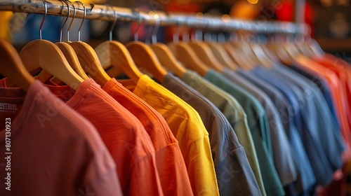 a vibrant and colorful selection of t-shirts hanging neatly in a row on wooden hangers