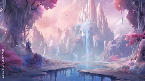 Fantasy landscape with mountains, trees and waterfalls. 3d illustration