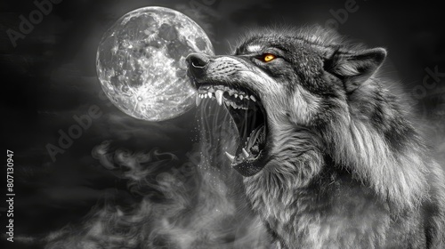  A wolf with its mouth agape before the full moon