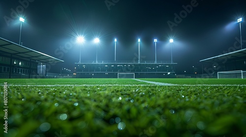 Background of a dramatic nighttime scene of an empty soccer field illuminated by bright stadium lights, emphasizing the anticipation and energy of sporting events